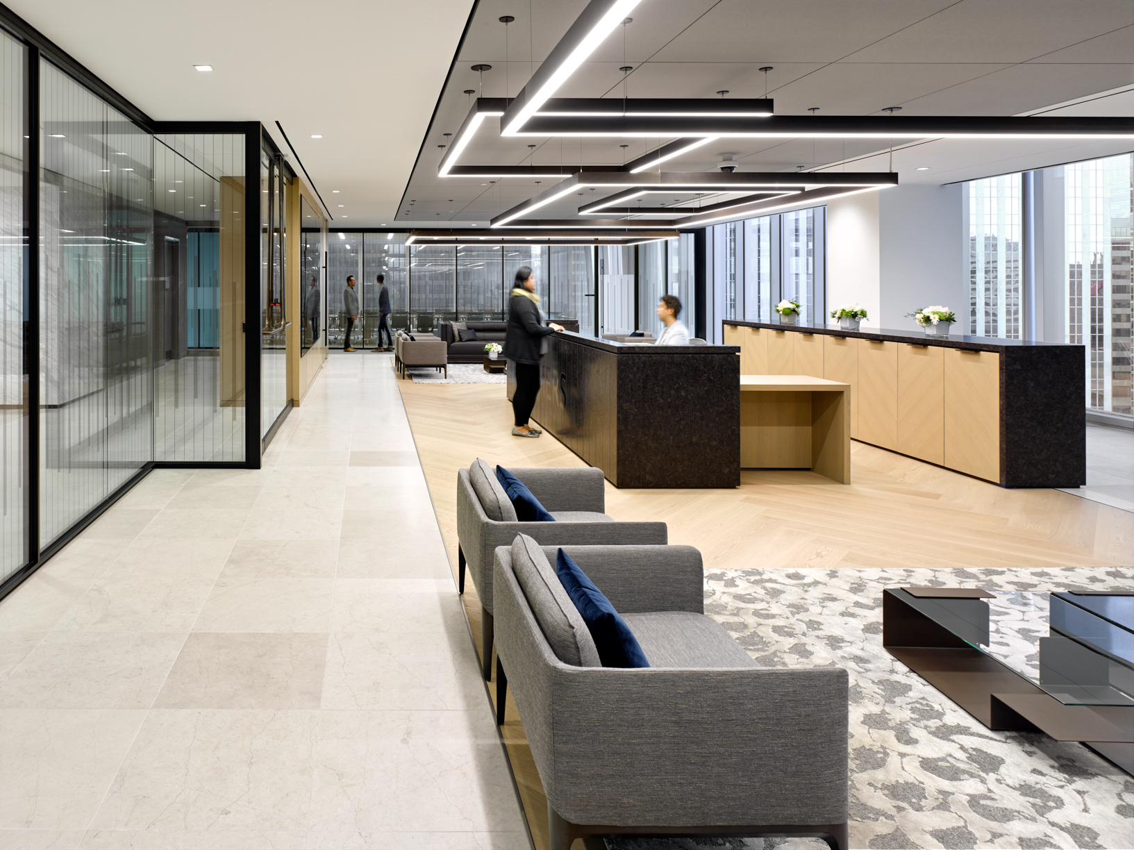 OMERS office lobby with sofas and glass walls