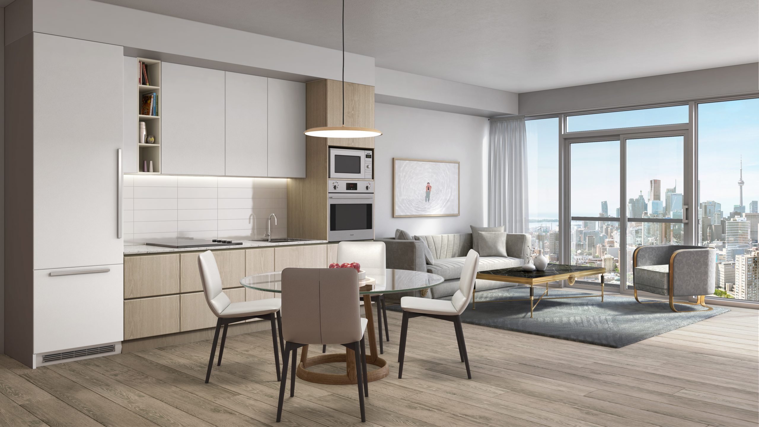 Interior kitchen, dining and living space at Prime Condos